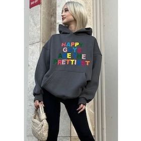 Madmext MG1574 Füme Renkli Nakışlı Bisiklet Yaka Kadın Sweatshirt