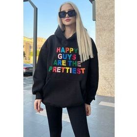 Madmext MG1574 Siyah Renkli Nakışlı Bisiklet Yaka Kadın Sweatshirt