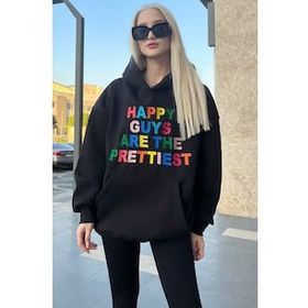 Madmext MG1574 Siyah Renkli Nakışlı Bisiklet Yaka Kadın Sweatshirt