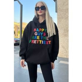 Madmext MG1574 Siyah Renkli Nakışlı Bisiklet Yaka Kadın Sweatshirt