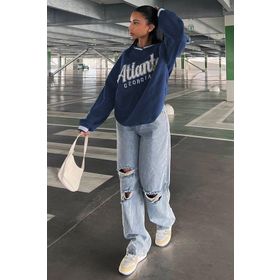 Madmext MG1576 Lacivert Baskılı V Yaka Kadın Sweatshirt