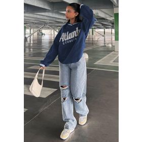 Madmext MG1576 Lacivert Baskılı V Yaka Kadın Sweatshirt