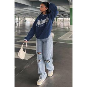 Madmext MG1576 Lacivert Baskılı V Yaka Kadın Sweatshirt