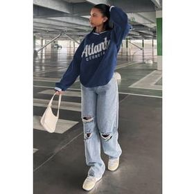 Madmext MG1576 Lacivert Baskılı V Yaka Kadın Sweatshirt