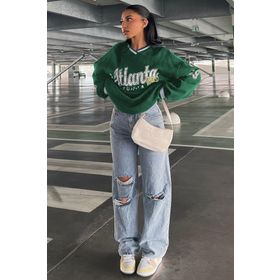 Madmext MG1576 Yeşil Baskılı V Yaka Kadın Sweatshirt
