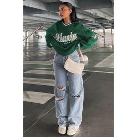 Madmext MG1576 Yeşil Baskılı V Yaka Kadın Sweatshirt