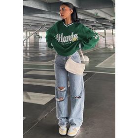 Madmext MG1576 Yeşil Baskılı V Yaka Kadın Sweatshirt