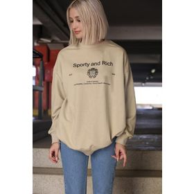 Madmext MG1577 Bej Bisiklet Yaka Baskılı Oversize Kadın Sweatshirt