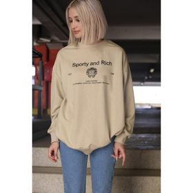 Madmext MG1577 Bej Bisiklet Yaka Baskılı Oversize Kadın Sweatshirt