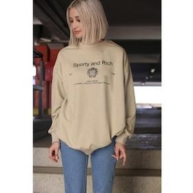 Madmext MG1577 Bej Bisiklet Yaka Baskılı Oversize Kadın Sweatshirt
