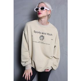 Madmext MG1577 Bej Bisiklet Yaka Baskılı Oversize Kadın Sweatshirt