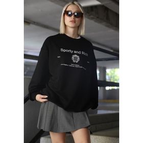 Madmext MG1577 Siyah Bisiklet Yaka Baskılı Oversize Kadın Sweatshirt