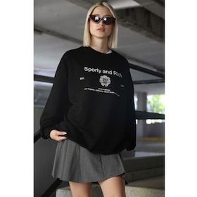 Madmext MG1577 Siyah Bisiklet Yaka Baskılı Oversize Kadın Sweatshirt
