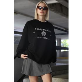 Madmext MG1577 Siyah Bisiklet Yaka Baskılı Oversize Kadın Sweatshirt