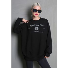 Madmext MG1577 Siyah Bisiklet Yaka Baskılı Oversize Kadın Sweatshirt