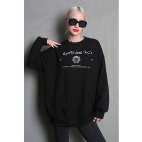 Madmext MG1577 Siyah Bisiklet Yaka Baskılı Oversize Kadın Sweatshirt