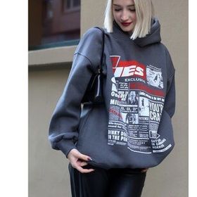 Madmext MG1581 Antrasit Baskılı Oversize Kapüşonlu Kadın Sweatshirt