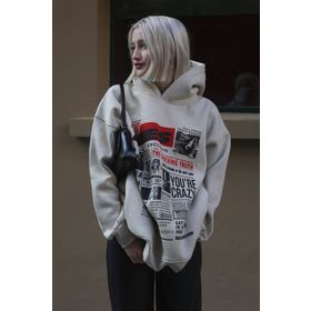 Madmext MG1581 Bej Baskılı Oversize Kapüşonlu Kadın Sweatshirt