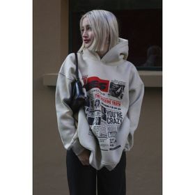 Madmext MG1581 Bej Baskılı Oversize Kapüşonlu Kadın Sweatshirt