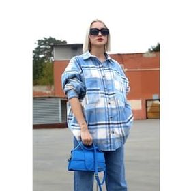 Madmext MG1589 Mavi Oversize Kadın Oduncu Gömlek
