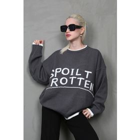 Madmext MG1596 Füme Yazılı Oversize Bisiklet Yaka Kadın Kazak