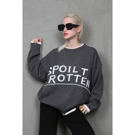 Madmext MG1596 Füme Yazılı Oversize Bisiklet Yaka Kadın Kazak