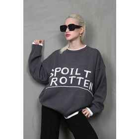 Madmext MG1596 Füme Yazılı Oversize Bisiklet Yaka Kadın Kazak