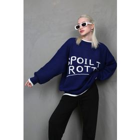 Madmext MG1596 Saks Yazılı Oversize Bisiklet Yaka Kadın Kazak