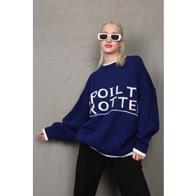 Madmext MG1596 Saks Yazılı Oversize Bisiklet Yaka Kadın Kazak