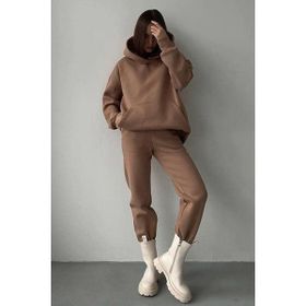 Madmext MG1609 Kahverengi Kapüşonlu Oversize Kadın Eşofman Takımı