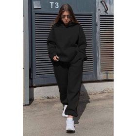 Madmext MG1609 Siyah Kapüşonlu Oversize Kadın Eşofman Takımı