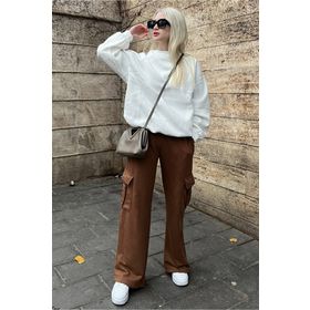 Madmext MG1615 Kahverengi Geniş Paça Kargo Cepli Kadın Eşofman Altı