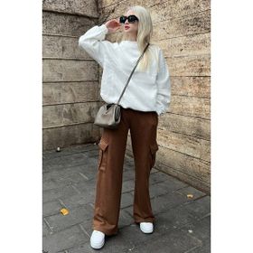 Madmext MG1615 Kahverengi Geniş Paça Kargo Cepli Kadın Eşofman Altı