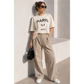 Madmext MG1654 Ekru Paris Baskılı Kadın T-shirt