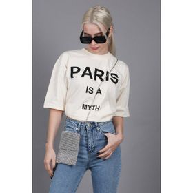 Madmext MG1654 Ekru Paris Baskılı Kadın T-shirt