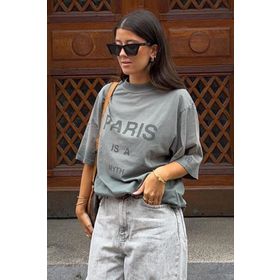 Madmext MG1654 Füme Paris Baskılı Kadın T-shirt
