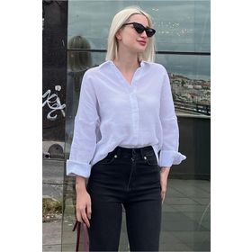 Madmext MG1660 Beyaz Muslin Kumaş Basic Kadın Gömlek