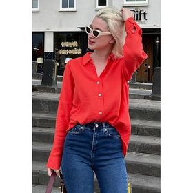 Madmext MG1660 Kırmızı Muslin Kumaş Basic Kadın Gömlek