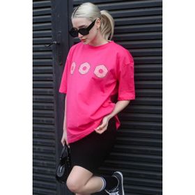 Madmext MG1682 Pembe Baskılı Bisiklet Yaka Kadın T-shirt