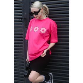 Madmext MG1682 Pembe Baskılı Bisiklet Yaka Kadın T-shirt
