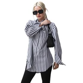 Madmext MG1688 Antrasit Çizgili Oversize Kadın Gömlek