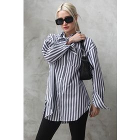 Madmext MG1688 Antrasit Çizgili Oversize Kadın Gömlek