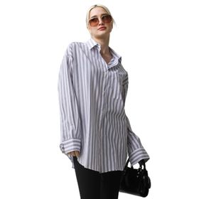 Madmext MG1688 Gri Çizgili Oversize Kadın Gömlek