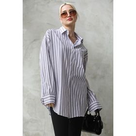 Madmext MG1688 Gri Çizgili Oversize Kadın Gömlek
