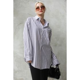 Madmext MG1688 Gri Çizgili Oversize Kadın Gömlek