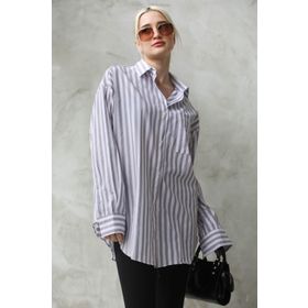 Madmext MG1688 Gri Çizgili Oversize Kadın Gömlek