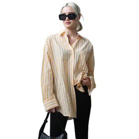 Madmext MG1688 Sarı Çizgili Oversize Kadın Gömlek