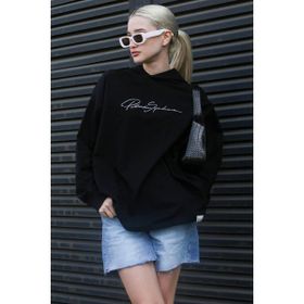 Madmext MG1691 Siyah Nakışlı Kapüşonlu Kadın Sweatshirt