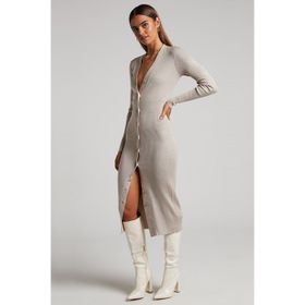 Madmext MG1703 Taş Rengi Düğmeli V Yaka Uzun Triko Elbise