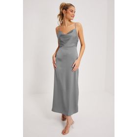 Madmext MG1708 Gri Saten Degaje Yaka Midi Boy Elbise